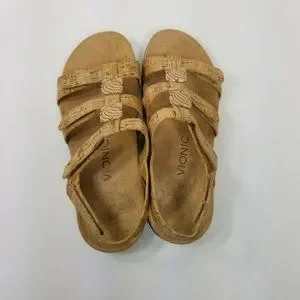 Vionic Amber Womens Sz 8 Cork Black Stone T Strap Strappy Comfort Flats Sandals
